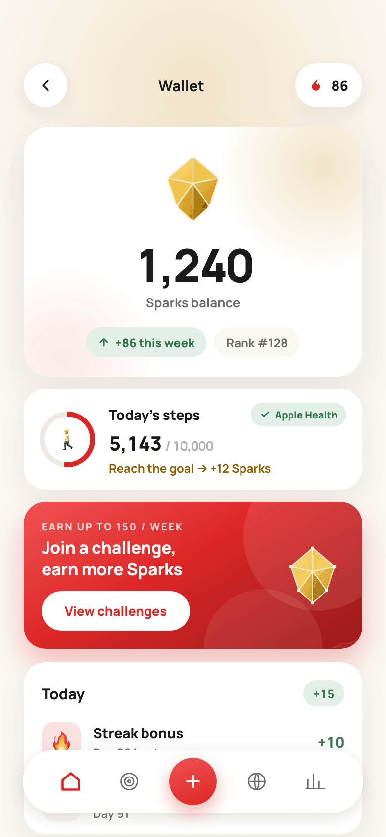 The Wallet — Sparks balance, streak bonus and Apple Health steps